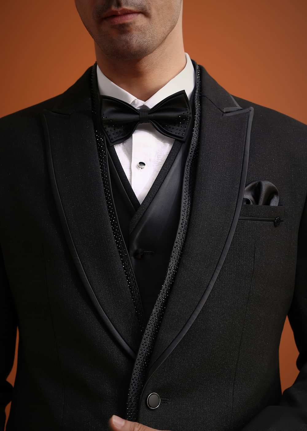 Black Rayon Tuxedo And Pant Set With Embellished Stones