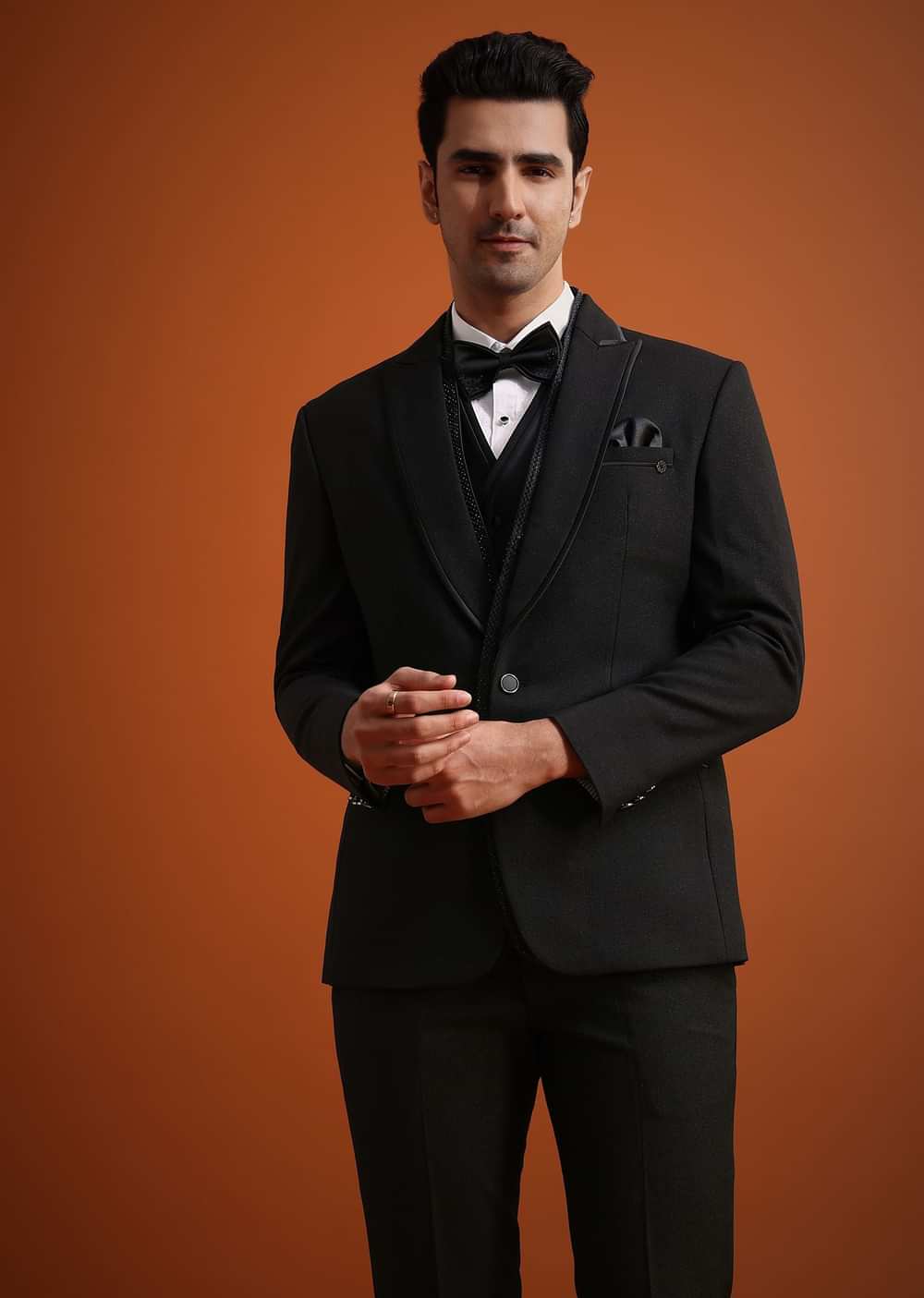 Black Rayon Tuxedo And Pant Set With Embellished Stones