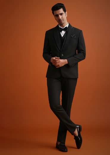 Black Rayon Tuxedo And Pant Set With Embellished Stones