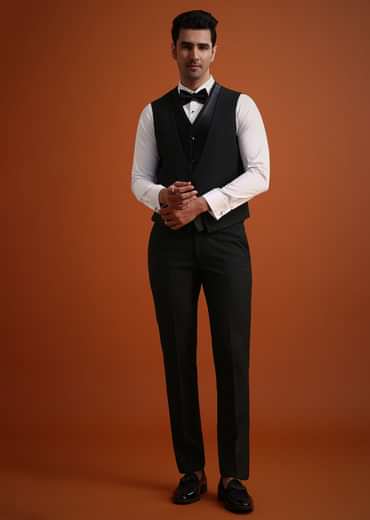 Black Rayon Tuxedo And Pant Set With Embellished Stones