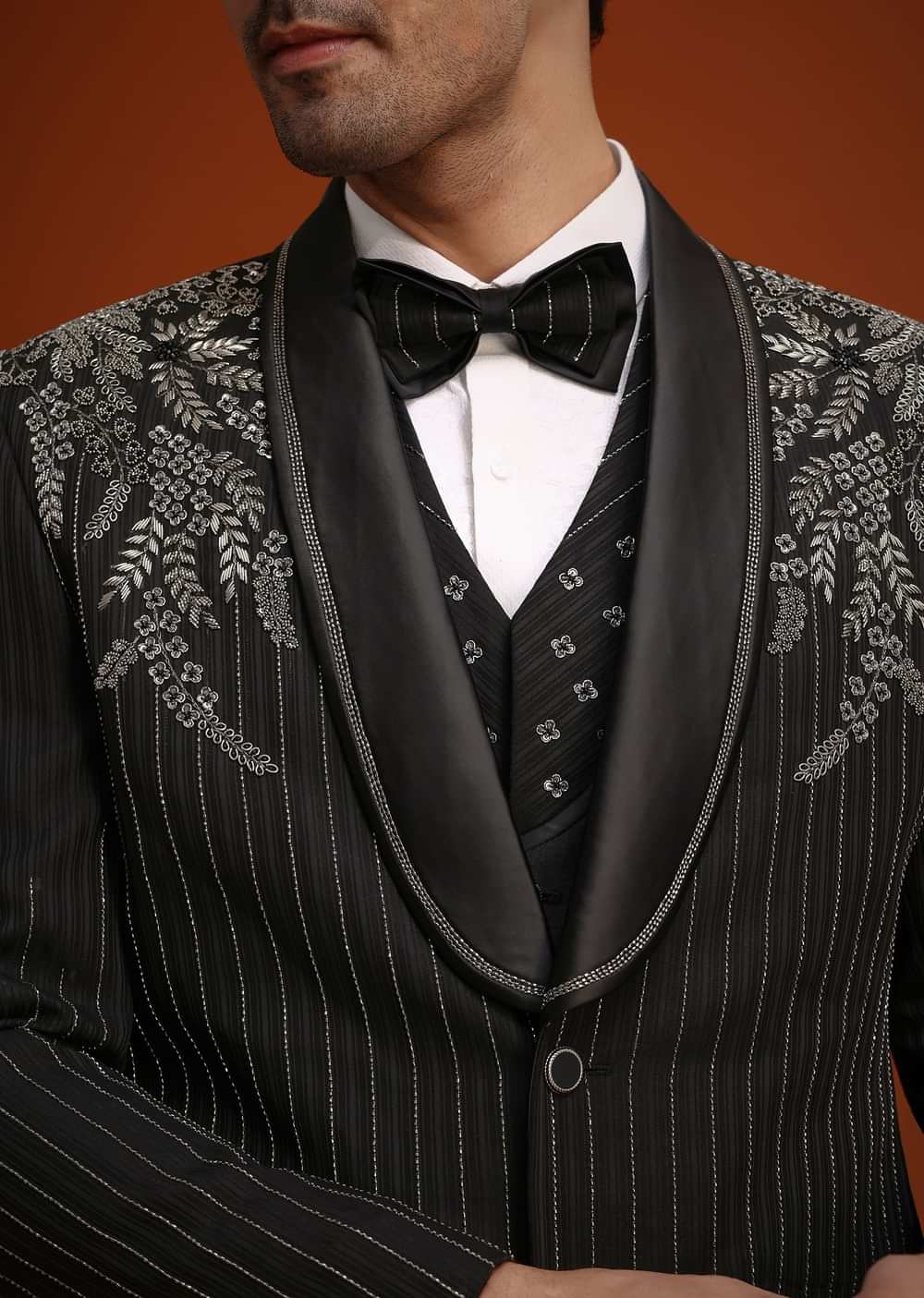 Black Rayon Tuxedo Set With Stone And Cutdana Work