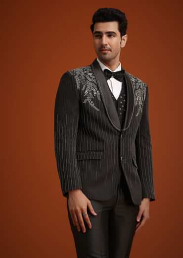 Black Rayon Tuxedo Set With Stone And Cutdana Work