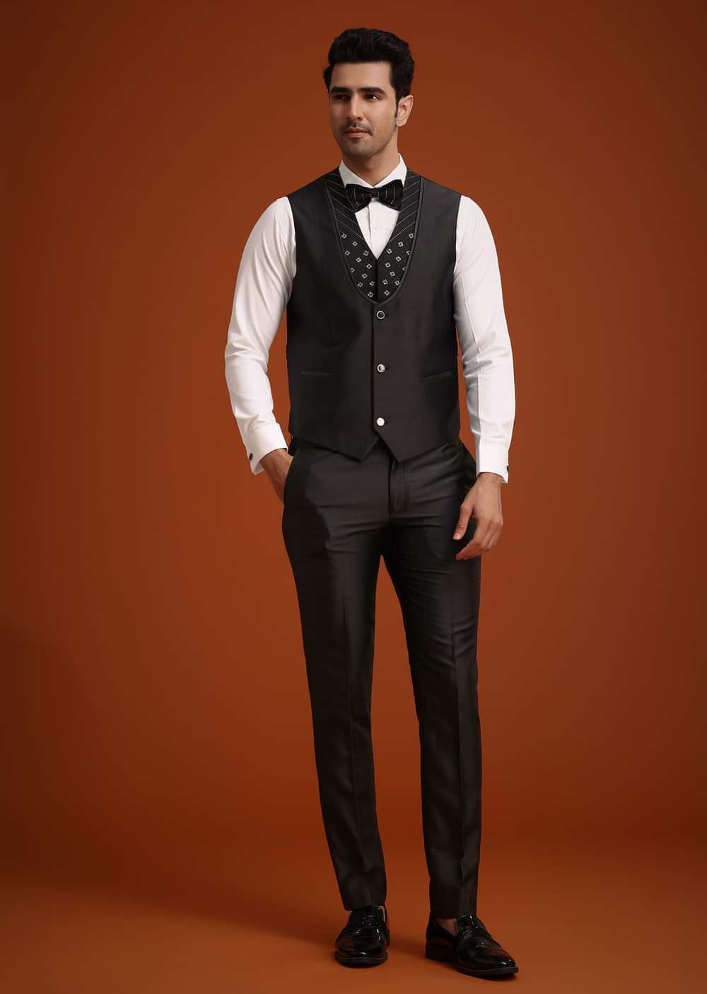 Black Rayon Tuxedo Set With Stone And Cutdana Work