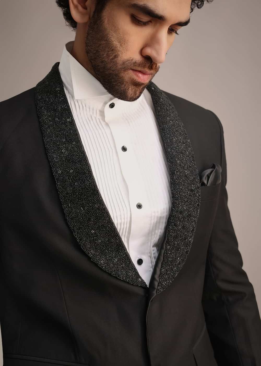 Black Rayon Tuxedo With Beaded Lapel