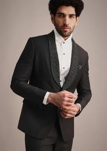 Black Rayon Tuxedo With Beaded Lapel