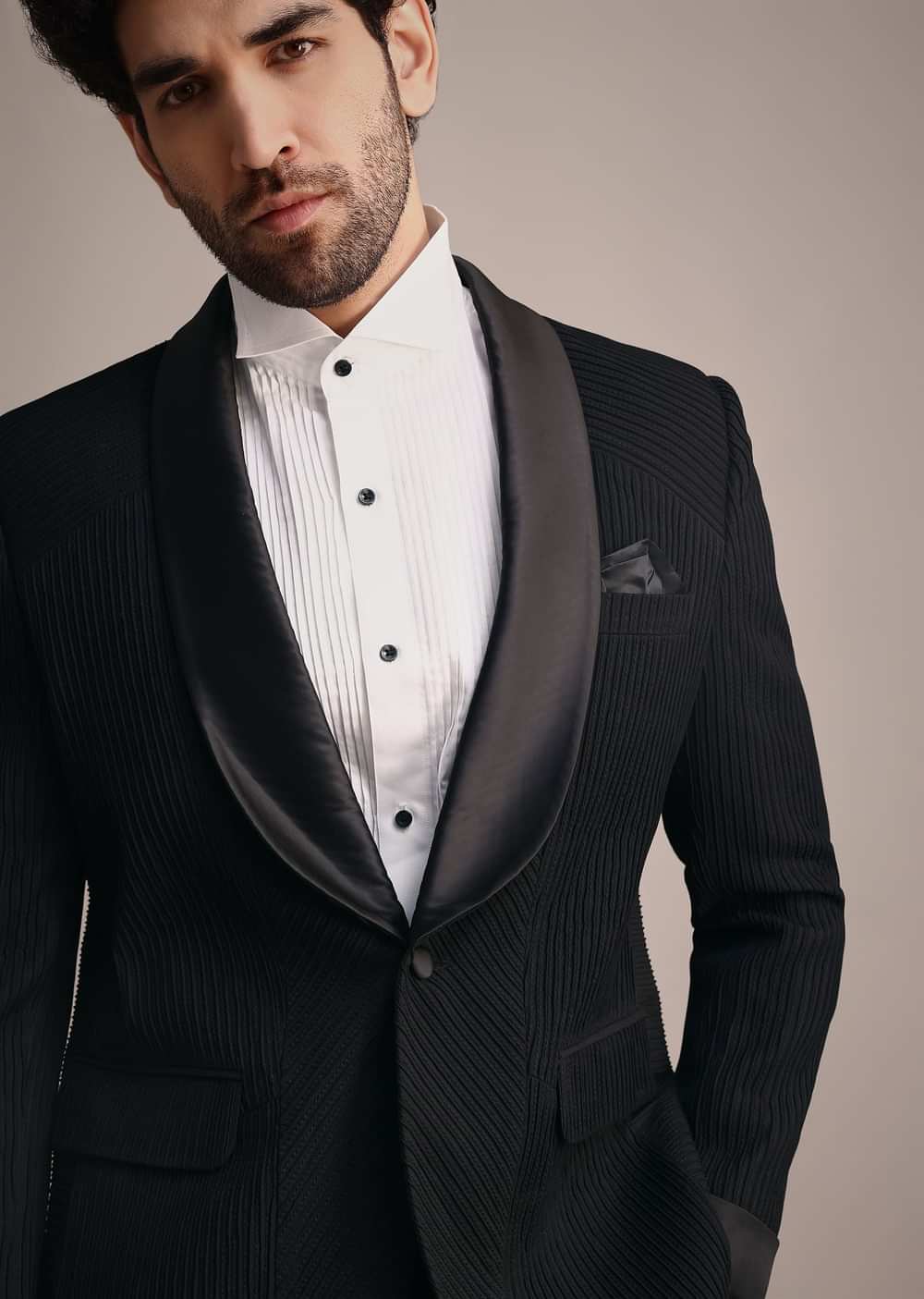 Black Rayon Tuxedo With Pintuck Detailing