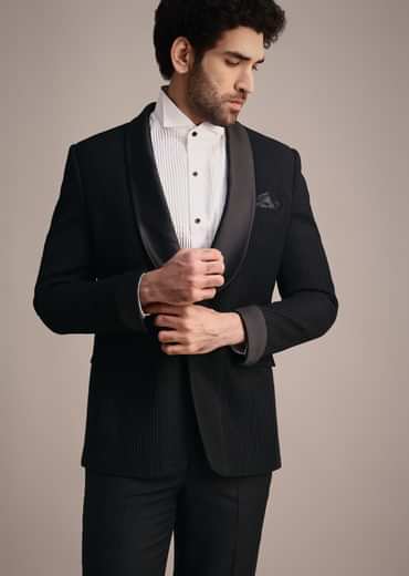 Black Rayon Tuxedo With Pintuck Detailing