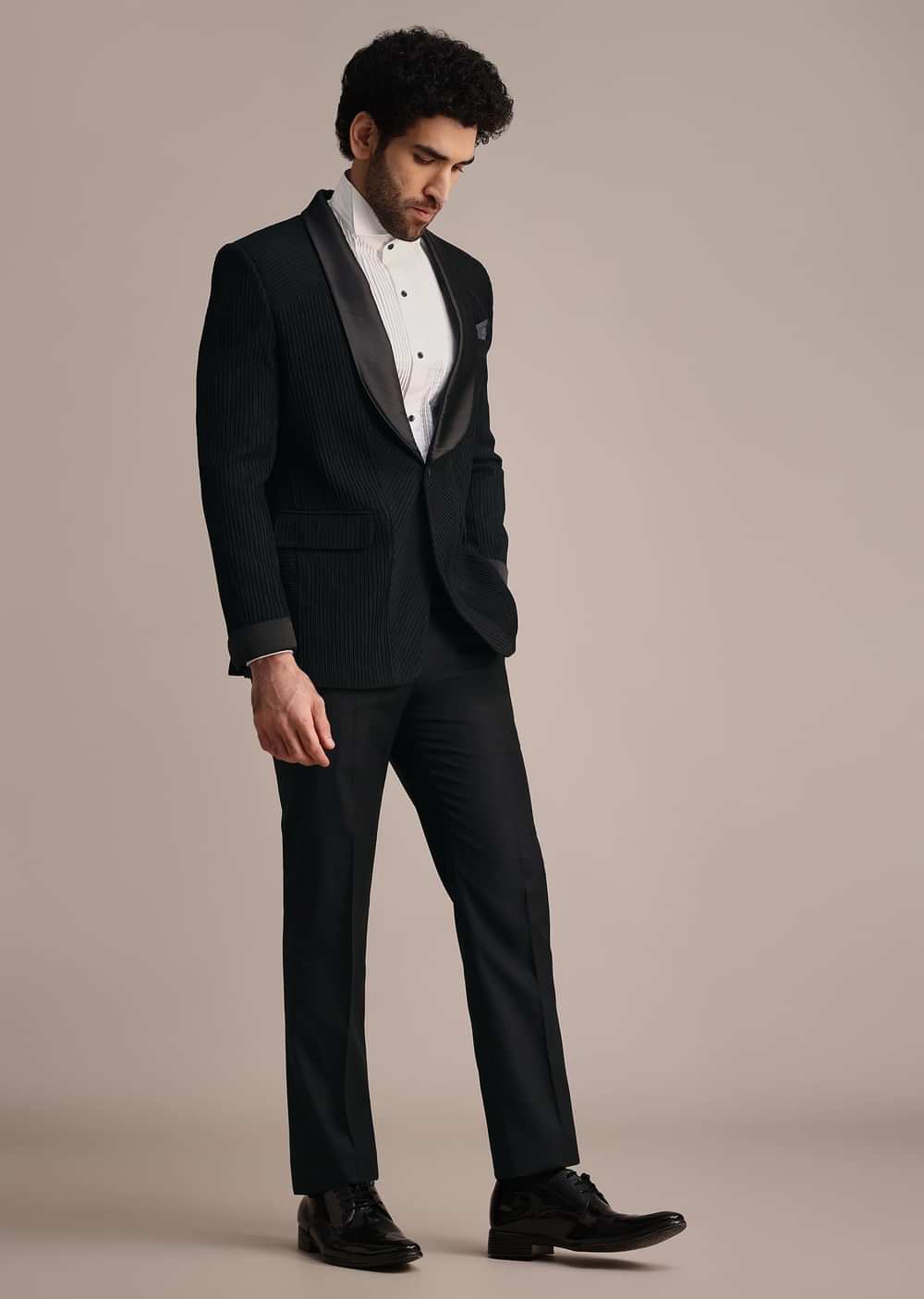 Black Rayon Tuxedo With Pintuck Detailing