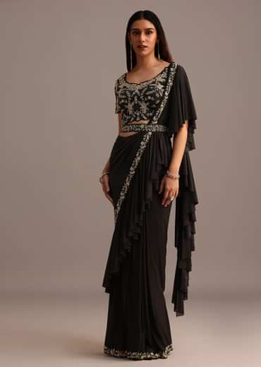 Black Ready Pleated Frills Saree With Embroided Blouse And Belt
