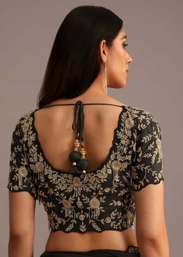 Black Ready Pleated Frills Saree With Embroided Blouse And Belt