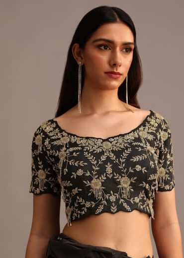 Black Ready Pleated Frills Saree With Embroided Blouse And Belt