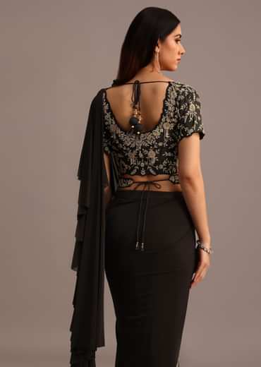 Black Ready Pleated Frills Saree With Embroided Blouse And Belt