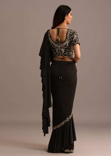 Black Ready Pleated Frills Saree With Embroided Blouse And Belt
