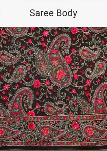 Black Saree In Georgette With Kashmiri Embroidery In Paisley And Floral Jaal