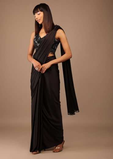 Black Satin Saree With Hand Embroidered Blouse With Fringes On The Hem