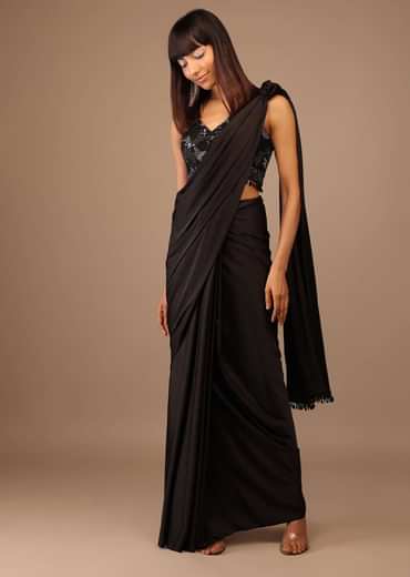 Black Satin Saree With Hand Embroidered Blouse With Fringes On The Hem