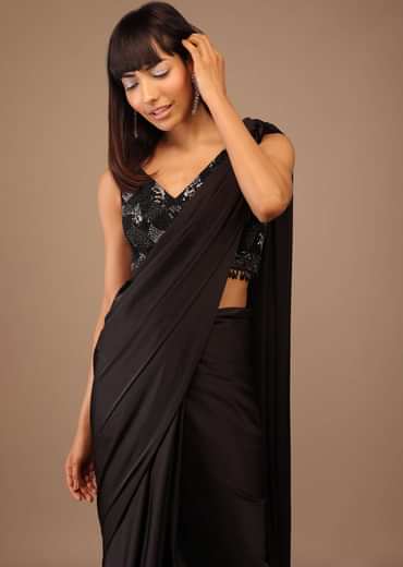 Black Satin Saree With Hand Embroidered Blouse With Fringes On The Hem