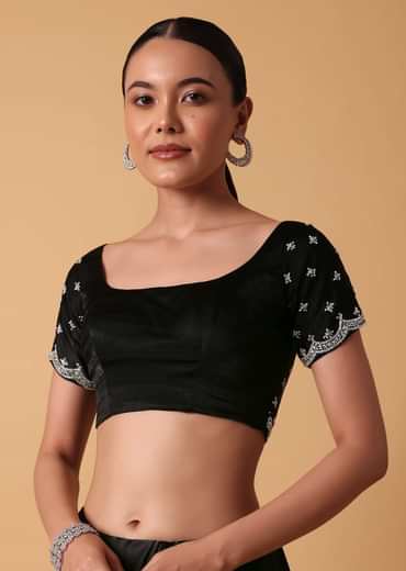 Black Satin Saree With Stone Embellishments And Unstitched Blouse Piece