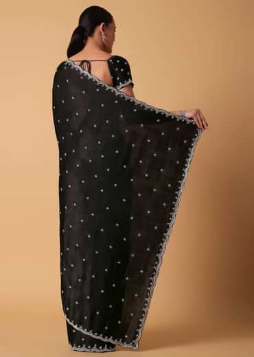Black Satin Saree With Stone Embellishments And Unstitched Blouse Piece