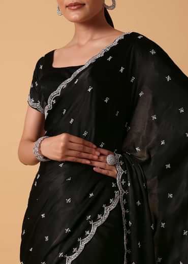 Black Satin Saree With Stone Embellishments And Unstitched Blouse Piece