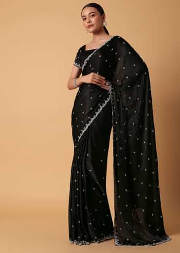 Black Satin Saree With Stone Embellishments And Unstitched Blouse Piece
