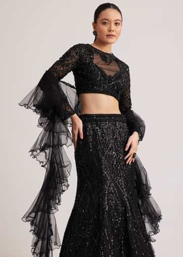 Black Sequins Lehenga Set WIth Ruffled Dupatta