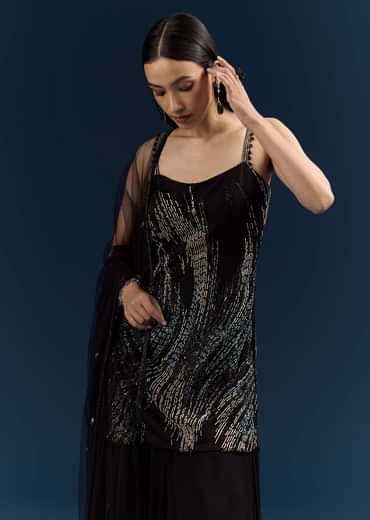 Black Sequins Sharara Suit With Cutdana Embroidery