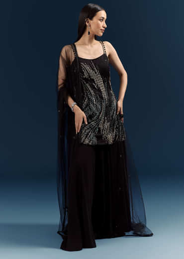 Black Sequins Sharara Suit With Cutdana Embroidery
