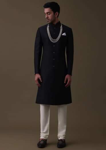 Black Sherwani Set In Silk With Embroidered Dupatta And Mala