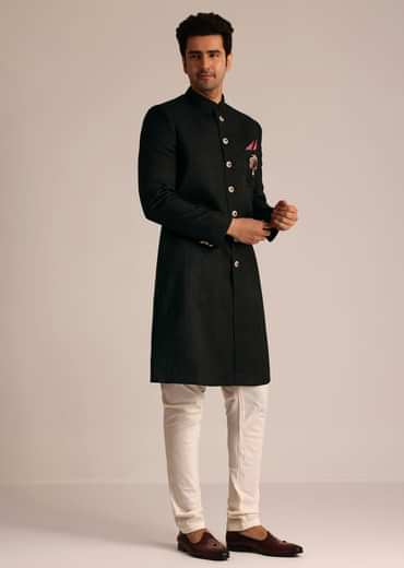 Black Sherwani Set With Contrasting Bottom