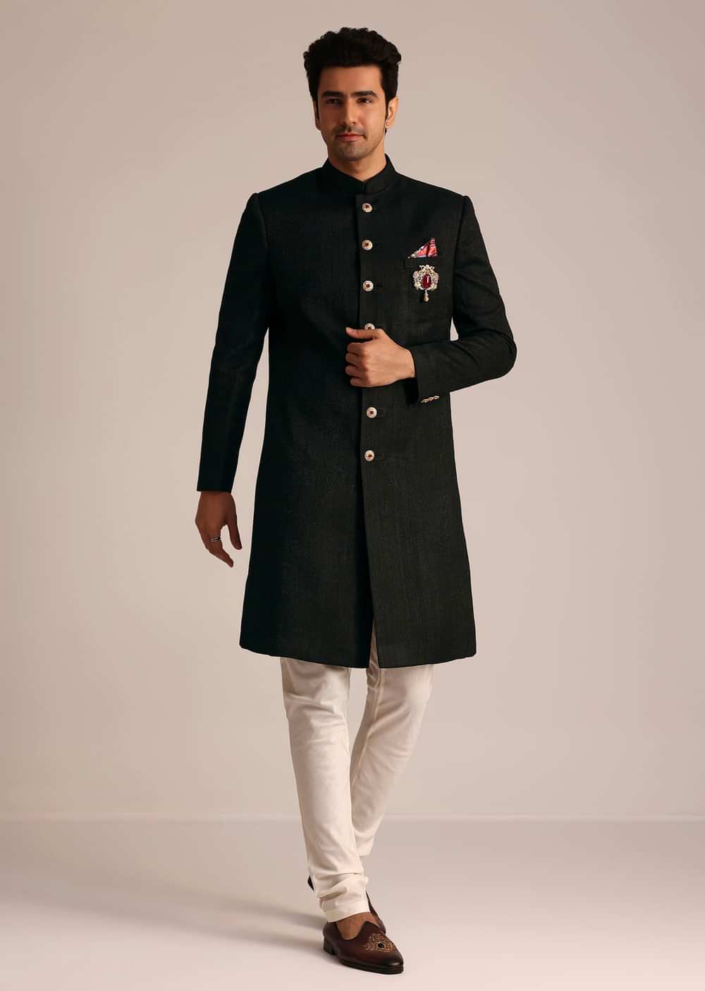 Black Sherwani Set With Contrasting Bottom