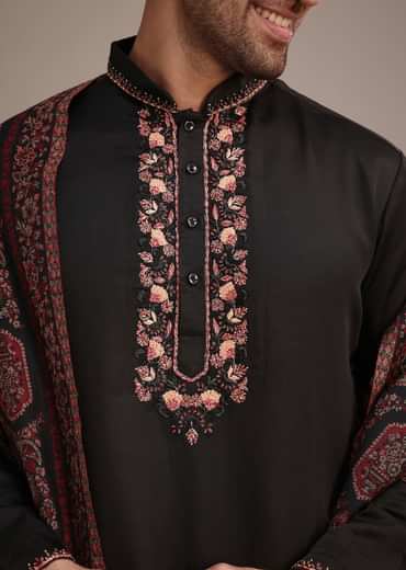 Black Silk Blend Hand Work Kurta Dupatta Set