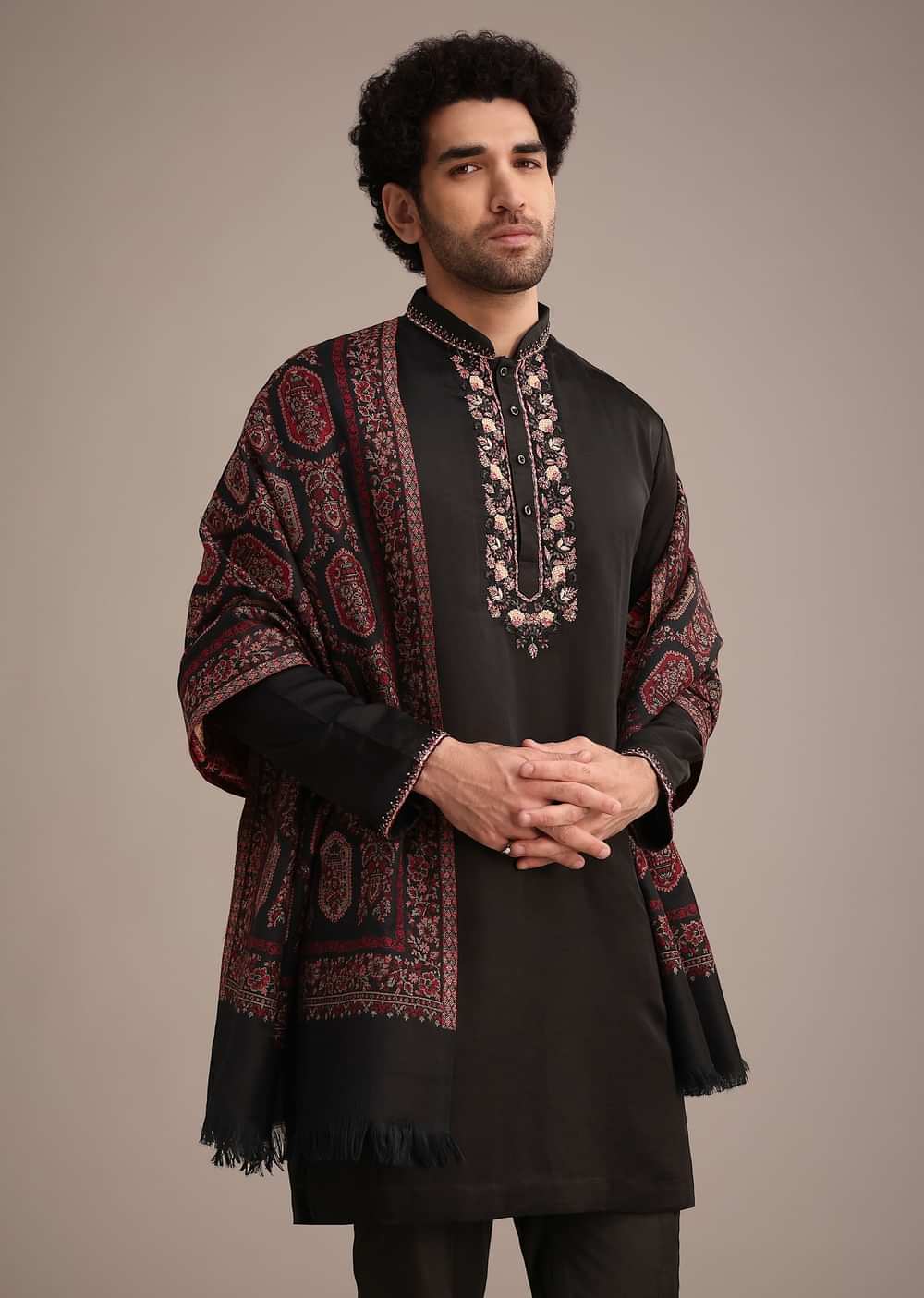Black Silk Blend Hand Work Kurta Dupatta Set