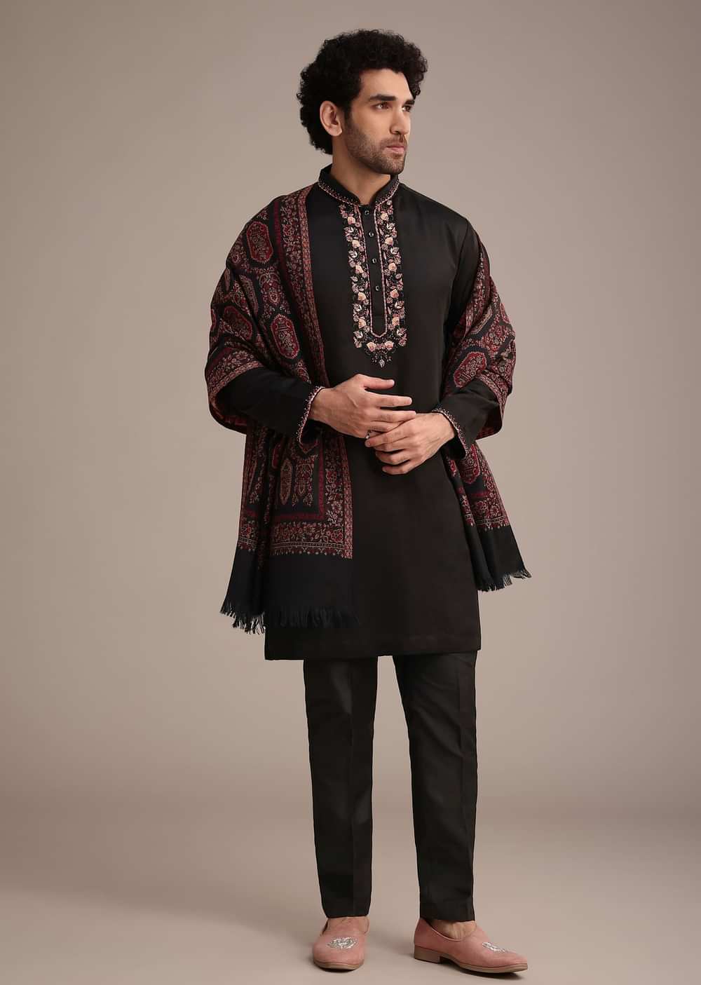 Black Silk Blend Hand Work Kurta Dupatta Set