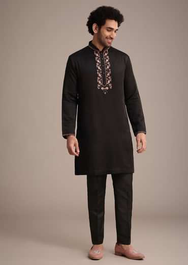 Black Silk Blend Hand Work Kurta Dupatta Set