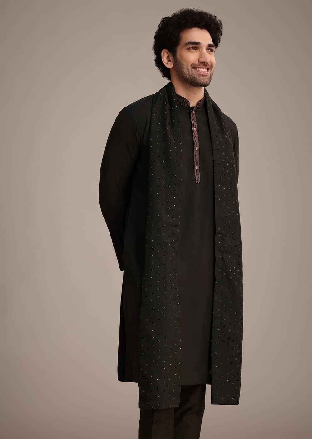 Black Silk Blend Kurta Pant With Dupatta