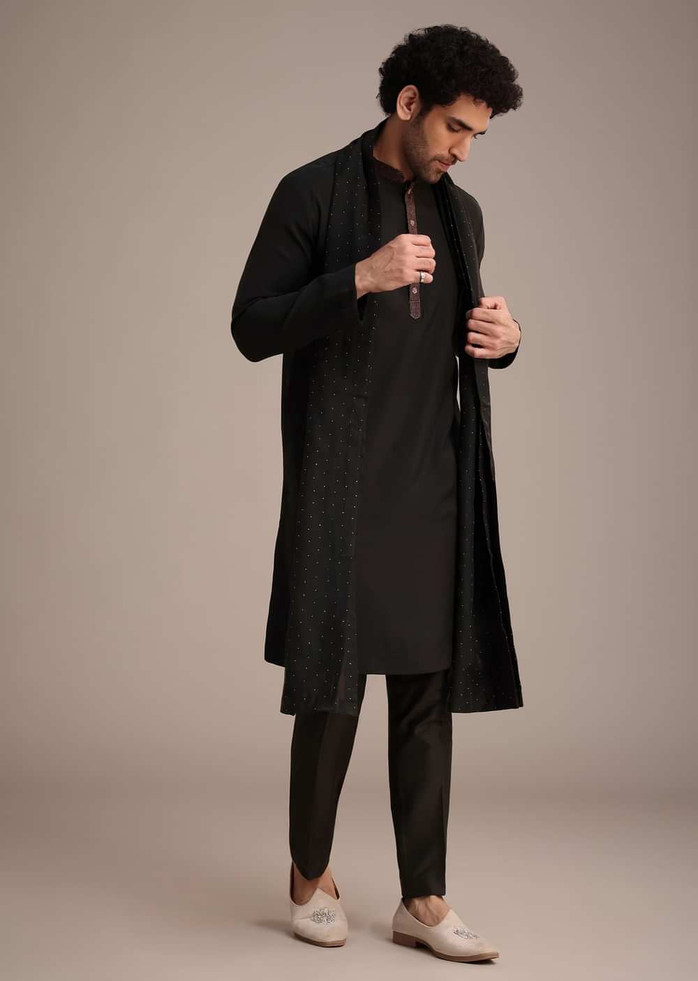 Black Silk Blend Kurta Pant With Dupatta