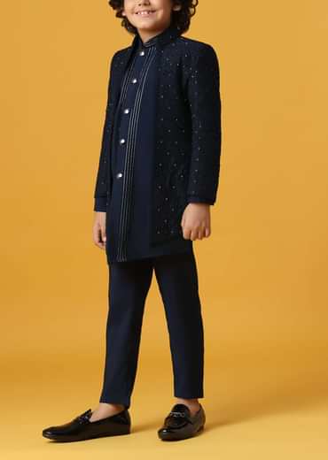 Black Silk Embroidered Sherwani Set for Boys