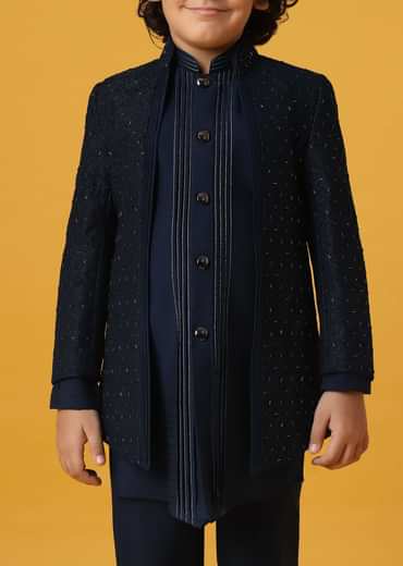 Black Silk Embroidered Sherwani Set for Boys