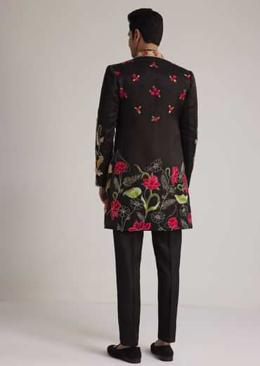 Black Silk Floral Hand Embroidered Indowestern Jacket Set