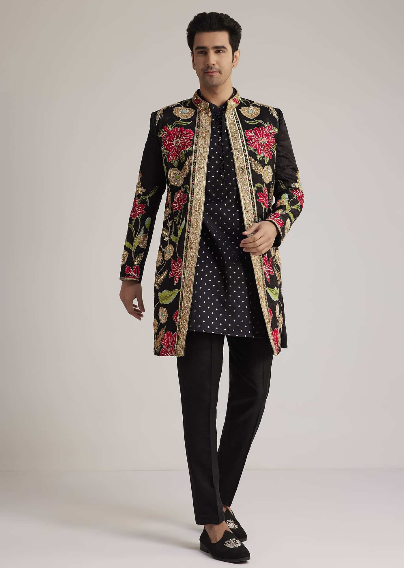Black Silk Floral Hand Embroidered Indowestern Jacket Set
