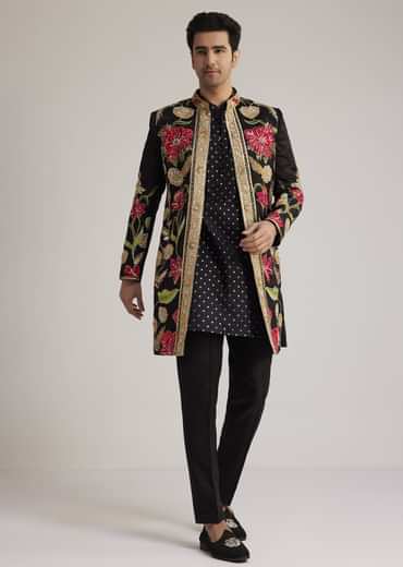 Black Silk Floral Hand Embroidered Indowestern Jacket Set