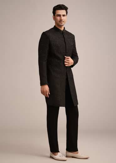 Black Silk Indo Western And Pant Set With Salli Work