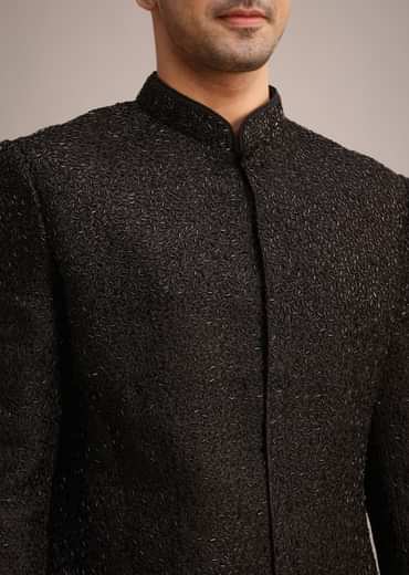 Black Silk Indo Western And Pant Set With Salli Work