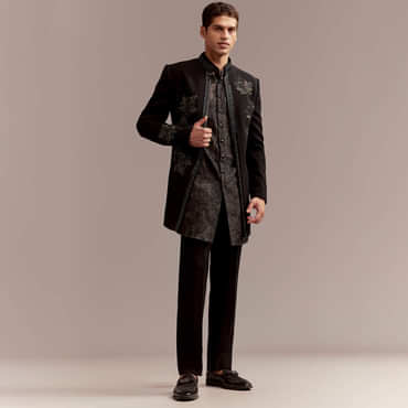 Black Silk Indo Western Set For Men With Intricate Leaf Embroidery