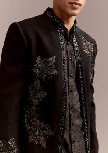 Black Silk Indo Western Set For Men With Intricate Leaf Embroidery