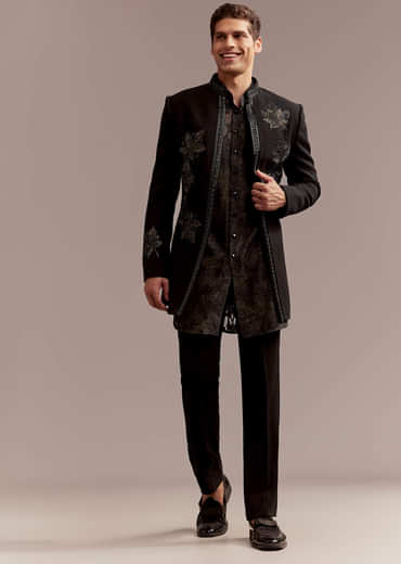 Black Silk Indo Western Set For Men With Intricate Leaf Embroidery