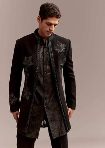 Black Silk Indo Western Set For Men With Intricate Leaf Embroidery