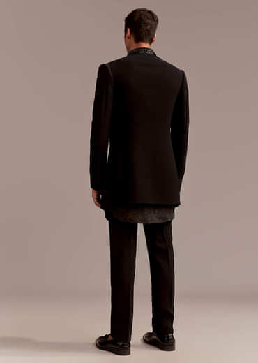 Black Silk Indo Western Set For Men With Intricate Leaf Embroidery