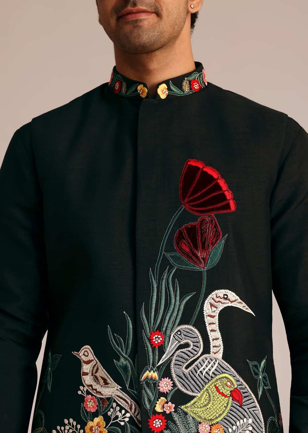 Black Silk Indo Western Set With Resham Embroidery